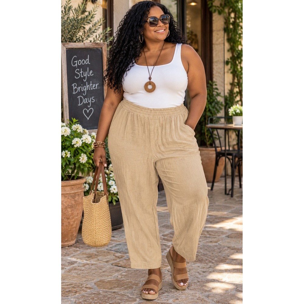 Old Navy Womens XXL Tan Beige High Rise Wide Leg Cotton Comfort Waistband Pants